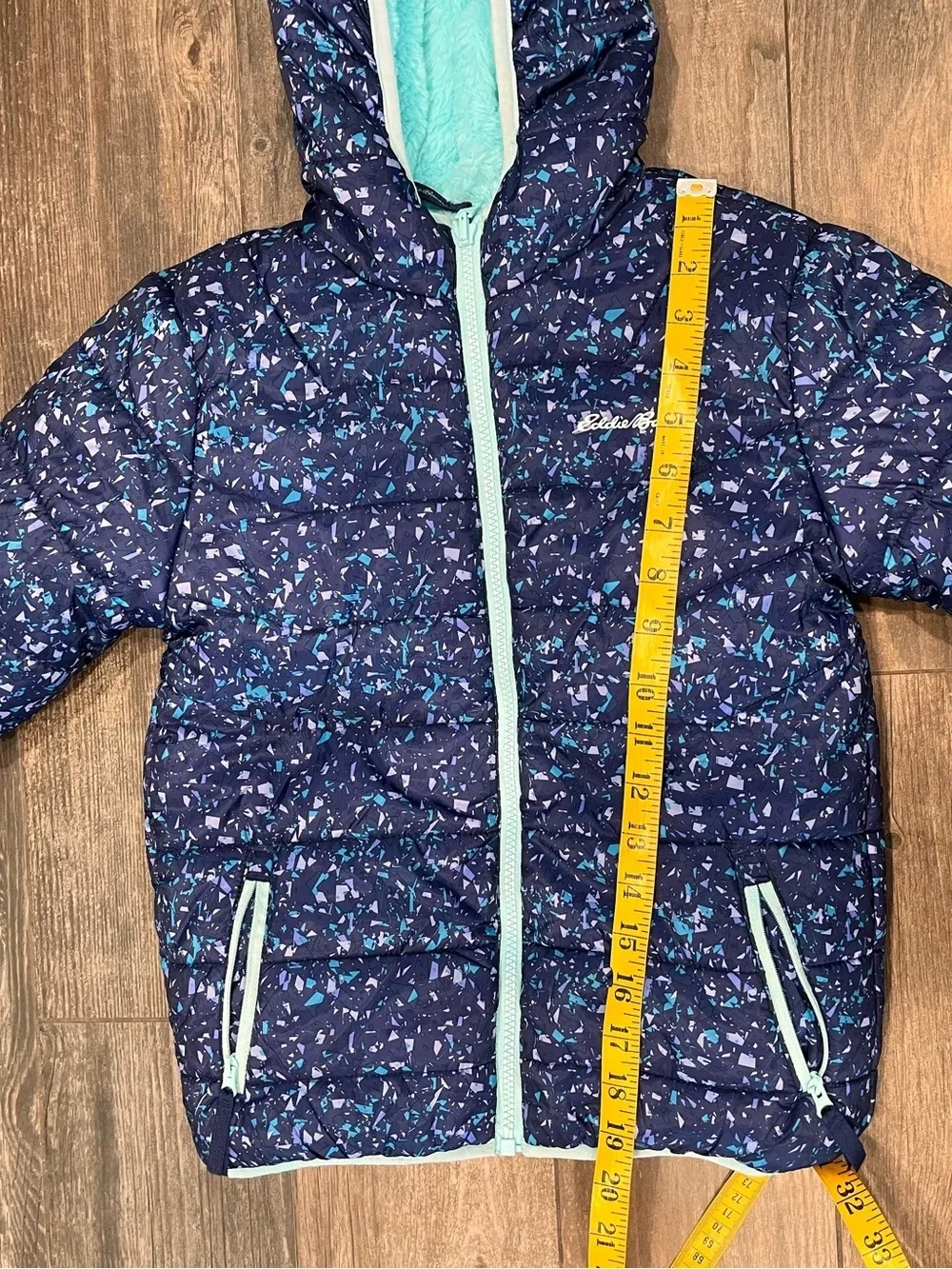 EDDIE BAUER Reversible Puffy Hoodie Jacket Small 7/8 Coat Plush Fleece Cozy